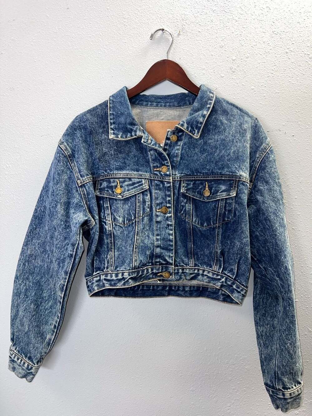 Vintage 80s 90s Paris Blues Acid Wash Cropped Denim Jacket Blue Womens L 0641